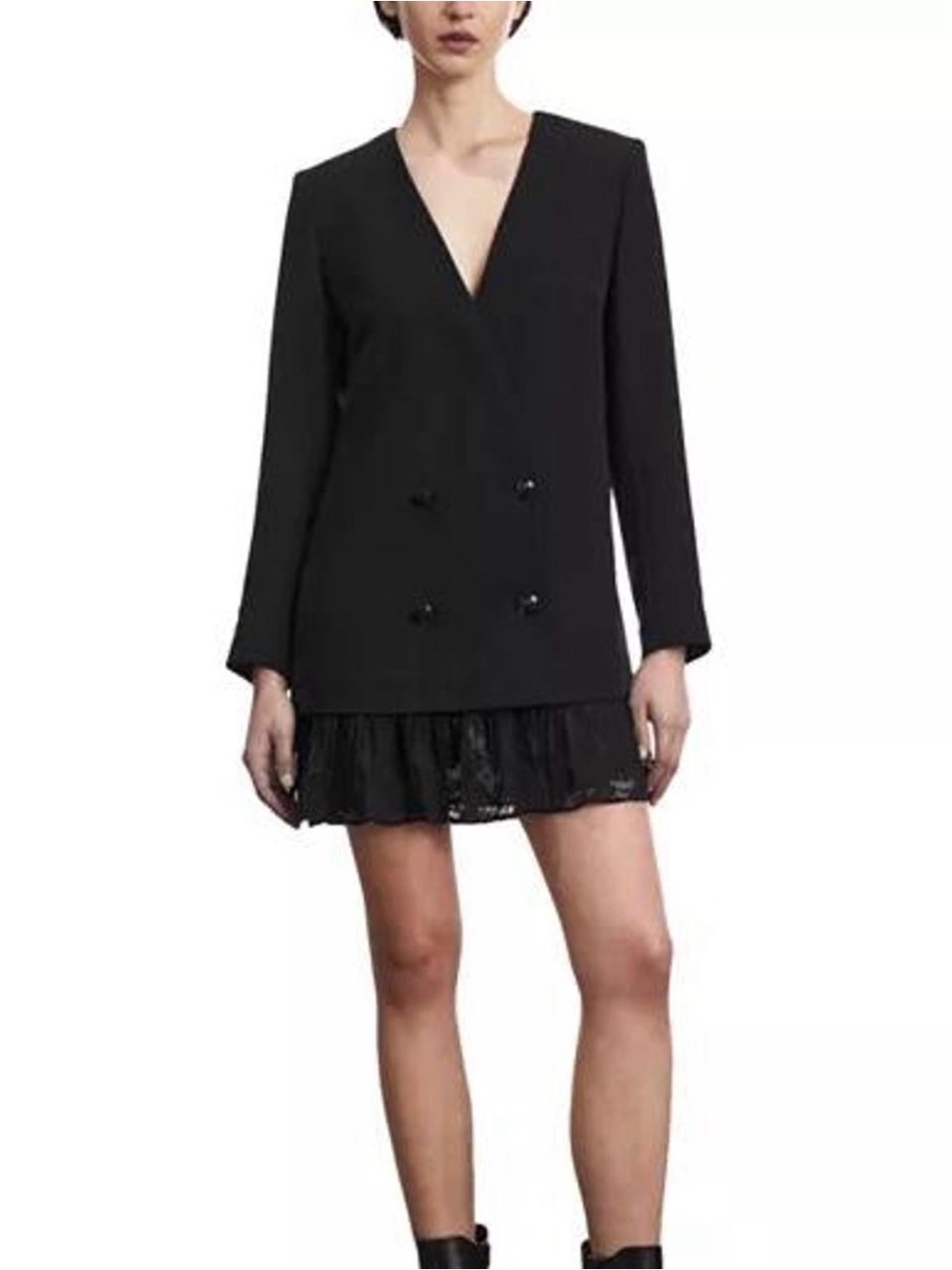 The Kooples Black V-Neck Double-Breasted Mini Dress with Ruffled Hem